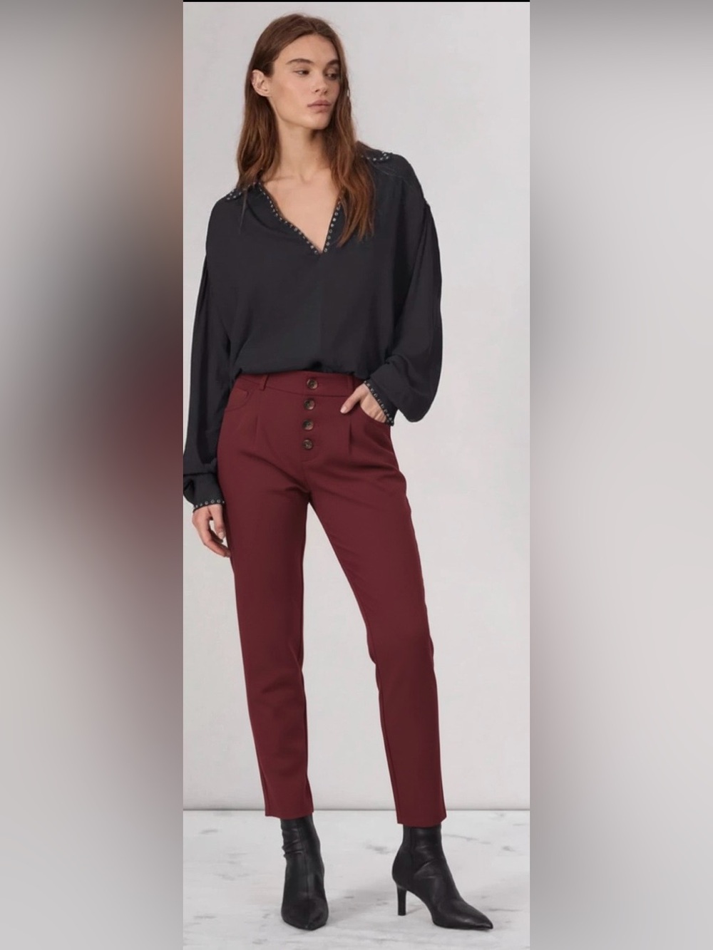 Anthropologie High-Waist Straight Leg ankle length pants in burgundy